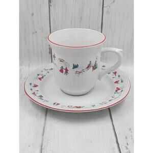 White Christmas 3 Cups & Saucers Farberware Barn Kids Skating Sleighride Snowman